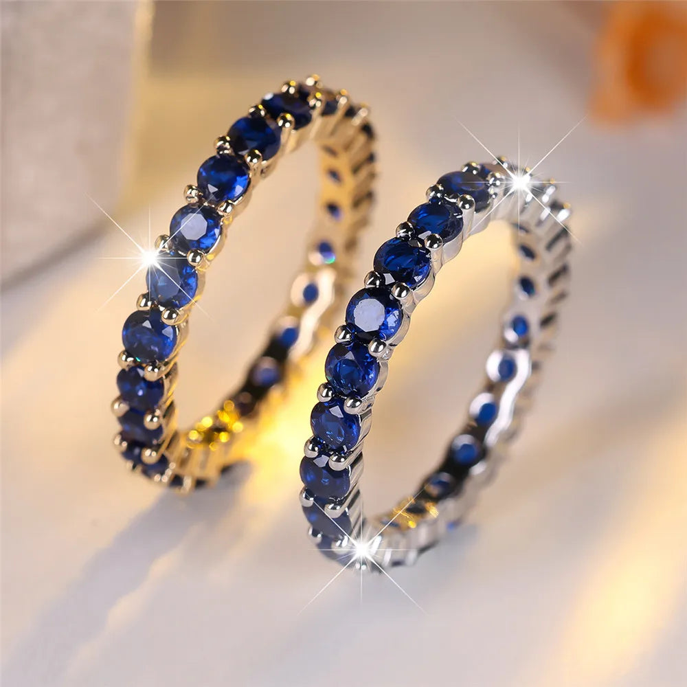Blue Crystal Single Row Round Stone Rings