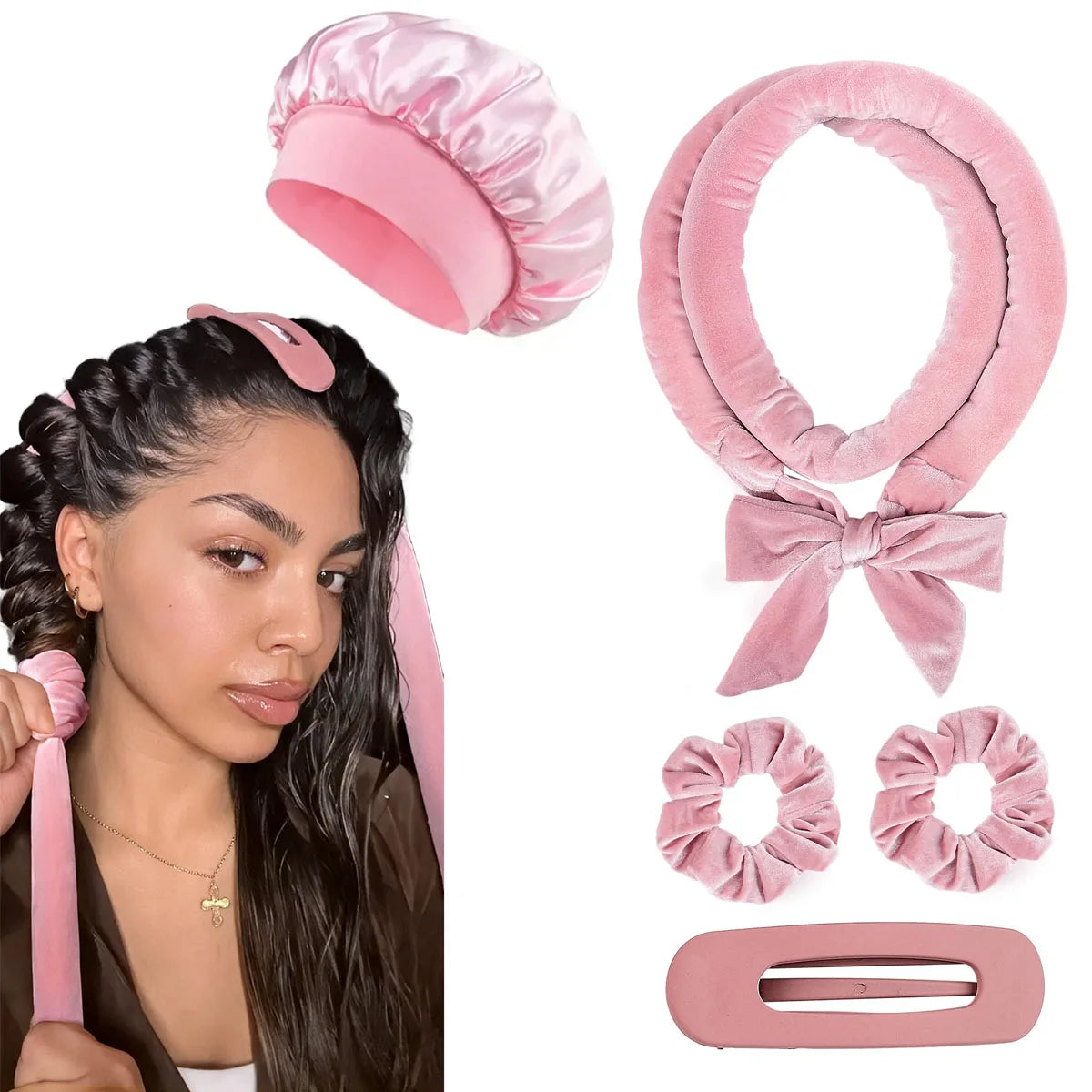 No-Heat Satin Curling Rod Headband – Heatless Hair Curlers with Sleeping Bonnet