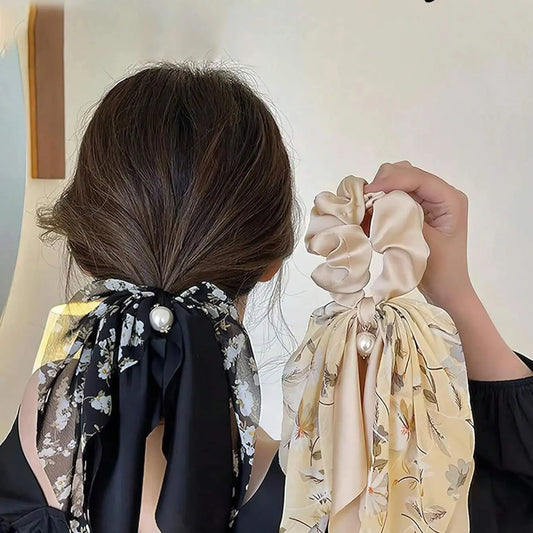 Elegant Satin Scarf Scrunchie with Pearl Accent – Floral Hair Tie for Women
