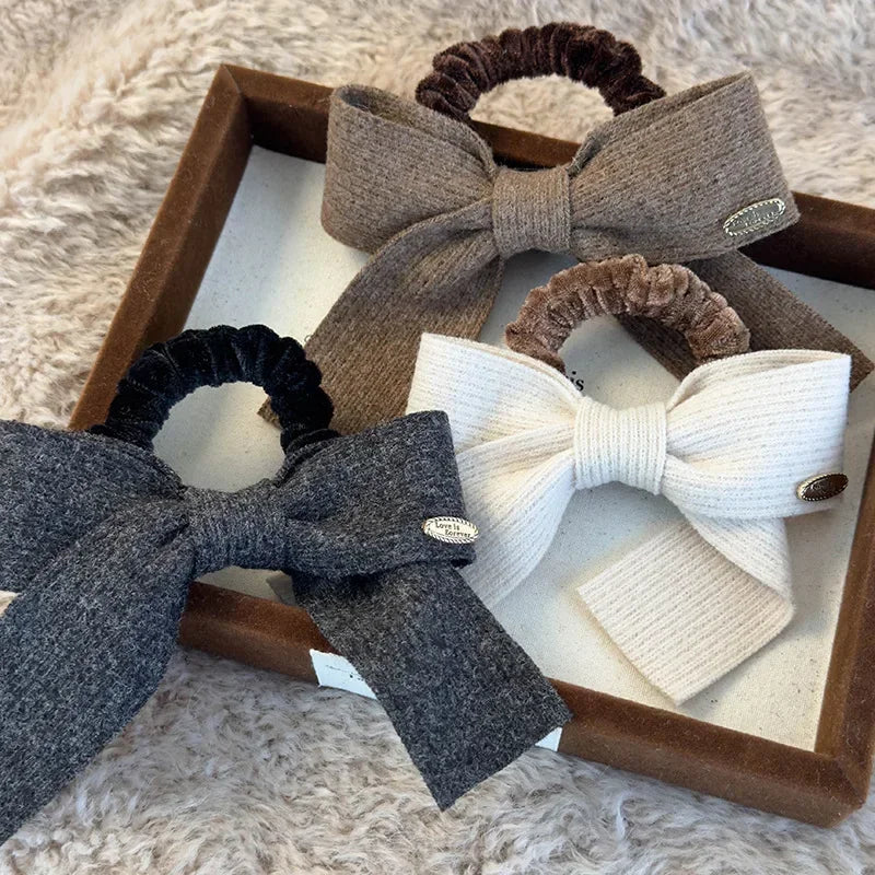 Retro Knitted Bow Hair Scrunchies – Soft Elastic Ponytail Hair Ties for Women & Girls