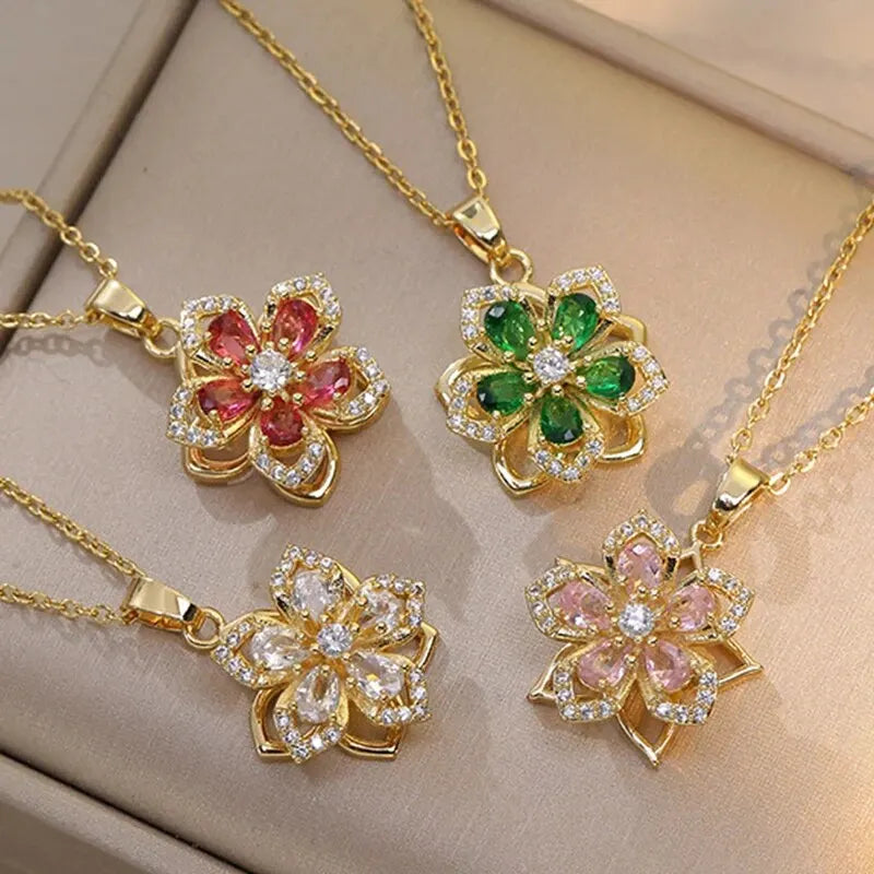Spin Zircon Flower Pendant Necklace for Women.