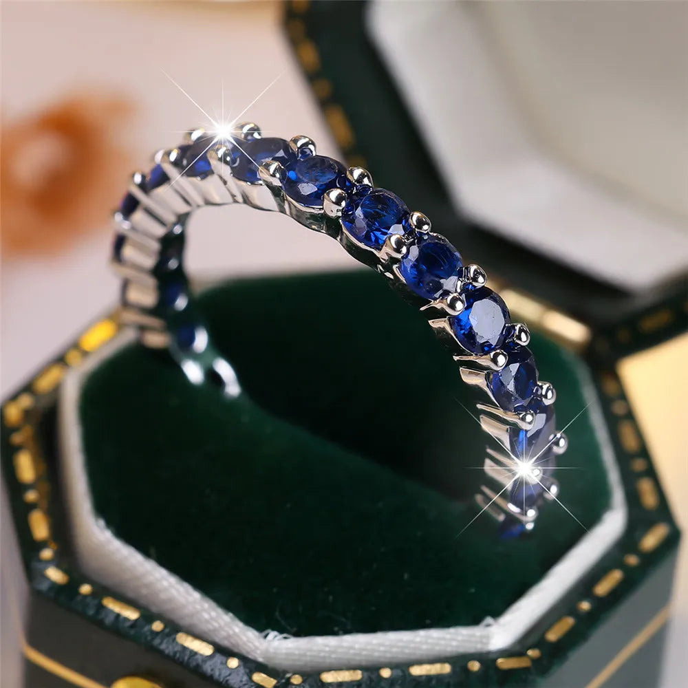 Blue Crystal Single Row Round Stone Rings