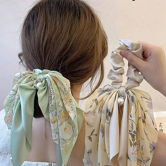 Elegant Satin Scarf Scrunchie with Pearl Accent – Floral Hair Tie for Women