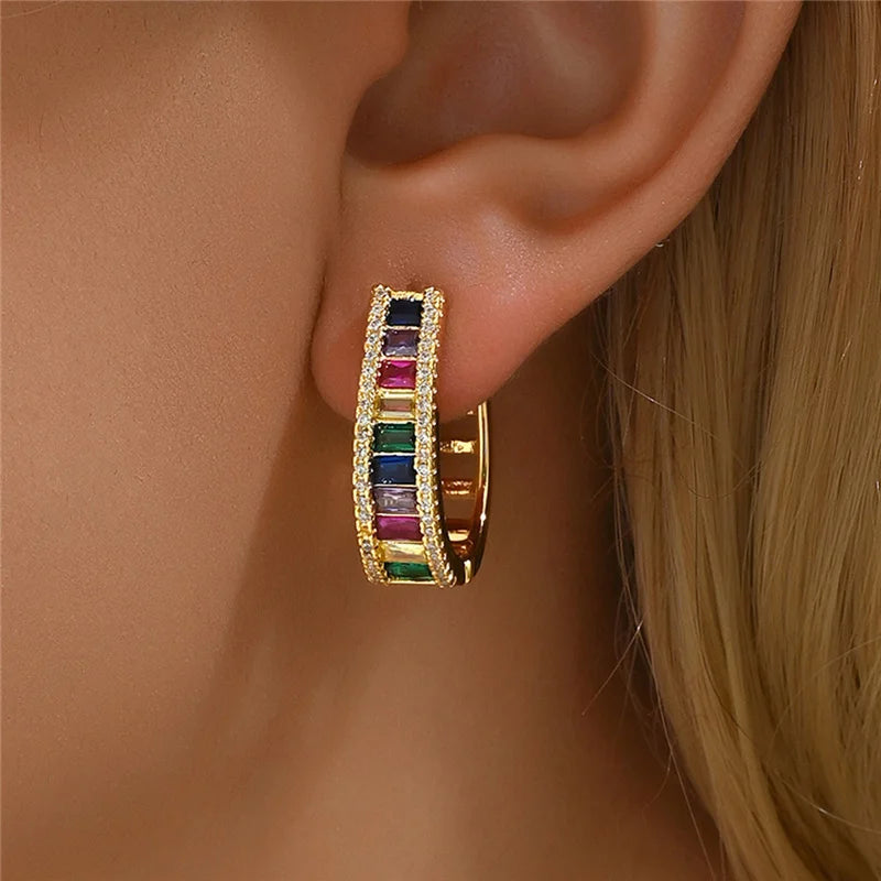 Vintage Rainbow Zircon Stone Geometric Hoop Earrings