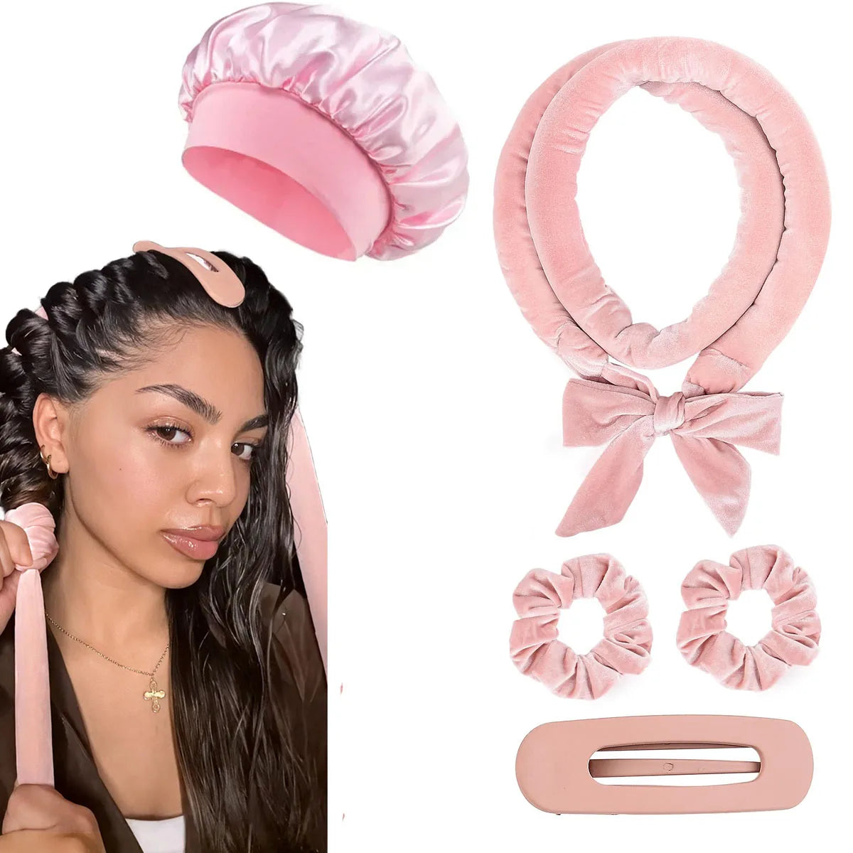 No-Heat Satin Curling Rod Headband – Heatless Hair Curlers with Sleeping Bonnet