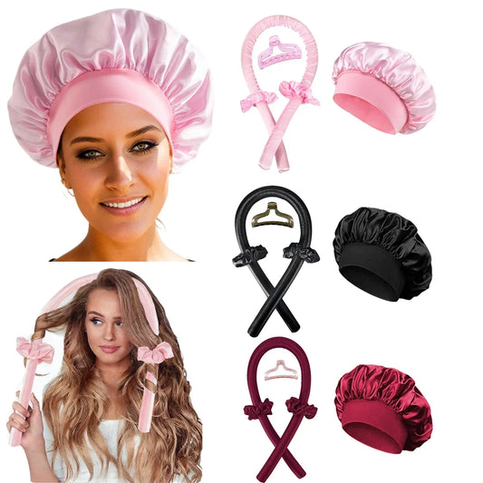 Heatless Curling Rod Headband & Satin Bonnet Set – Overnight No-Heat Hair Curlers