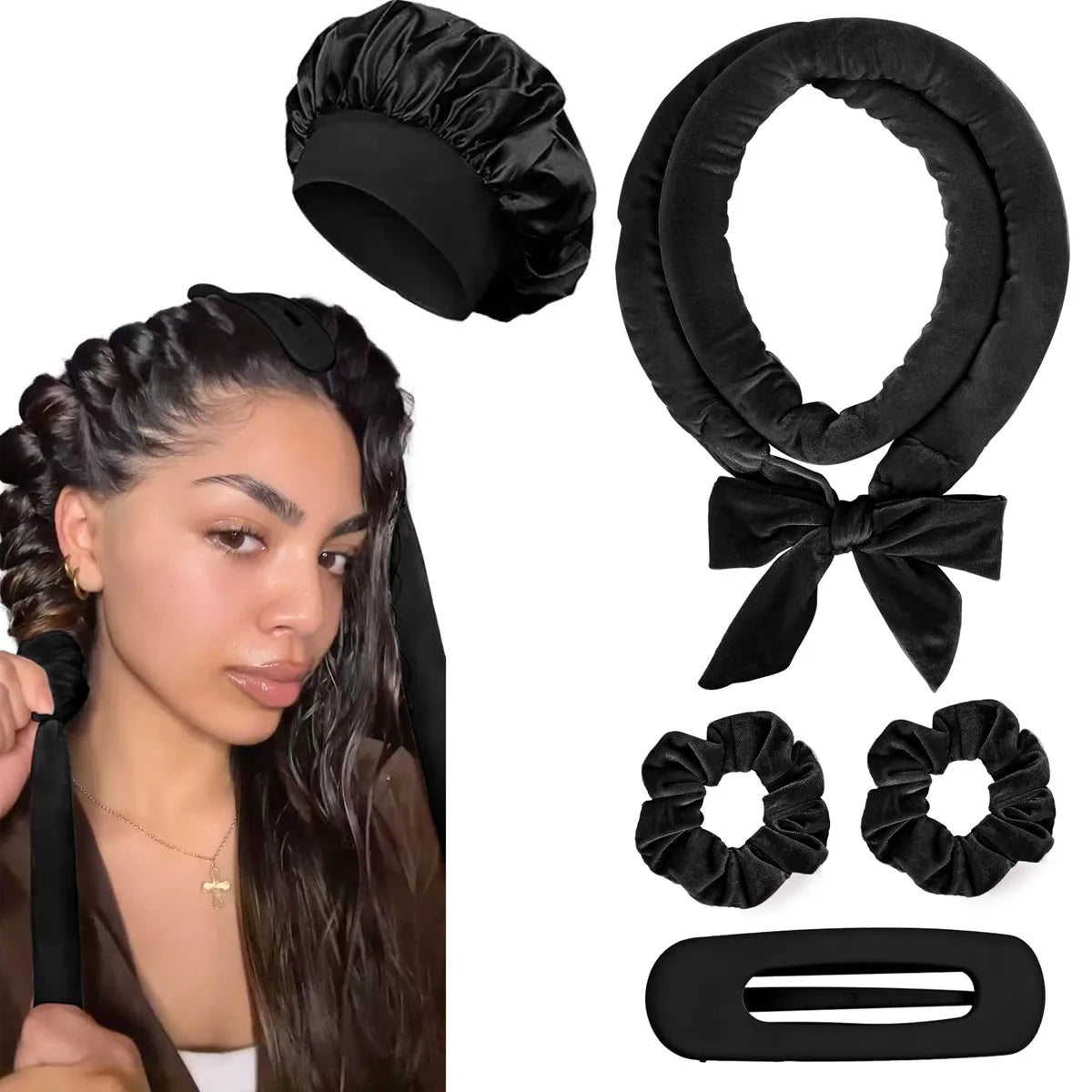 No-Heat Satin Curling Rod Headband – Heatless Hair Curlers with Sleeping Bonnet