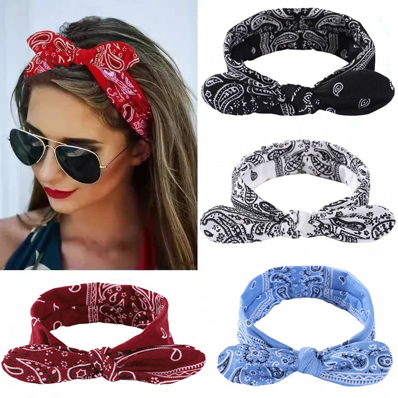 Paisley Knot Elastic Headband with Wire – Vintage Rabbit Ear Hairband for Women & Girls
