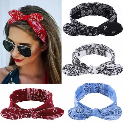 Paisley Knot Elastic Headband with Wire – Vintage Rabbit Ear Hairband for Women & Girls
