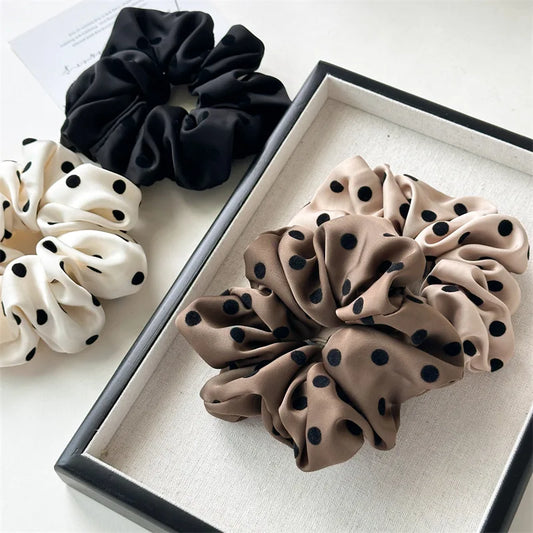 Korean Satin Polka Dot Scrunchies – Soft Wave Hair Ties for Women & Girls